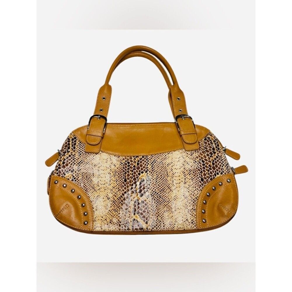 Sharif Studio Tan Snakeskin Embossed Satchel Studded Handbag Medium EUC - Picture 3 of 12